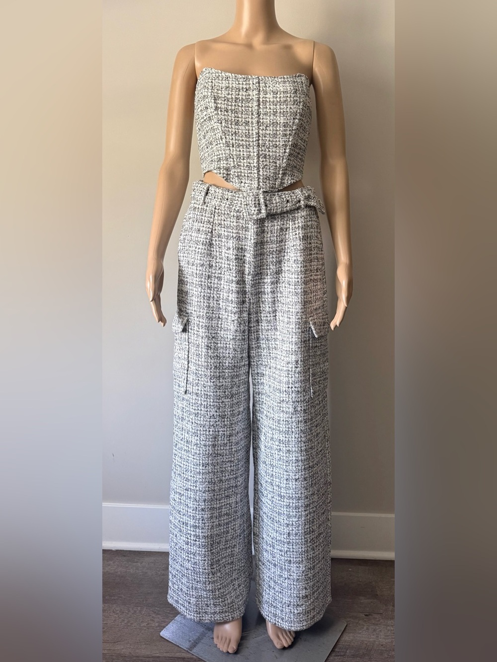 12th Tribe Black Tweed Wide Leg Cargo Pants & Zip Closure Bustier Top